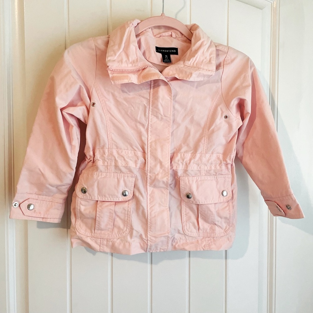 Girl’s Lands End Light Baby Pink Zip Up Velcro Raincoat W/ Pockets Sz Medium/5-6